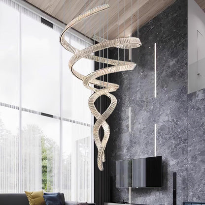 Elegant Long Spiral Crystal Chandelier with Adjustable Height & LED Li