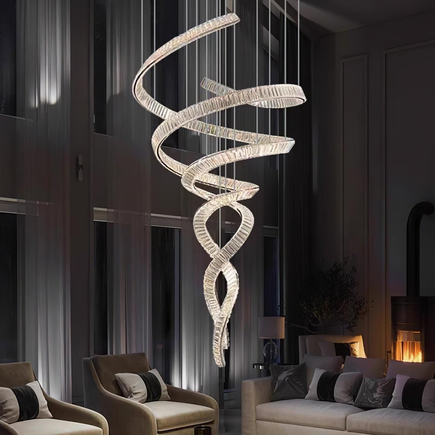 Elegant Long Spiral Crystal Chandelier with Adjustable Height & LED Li