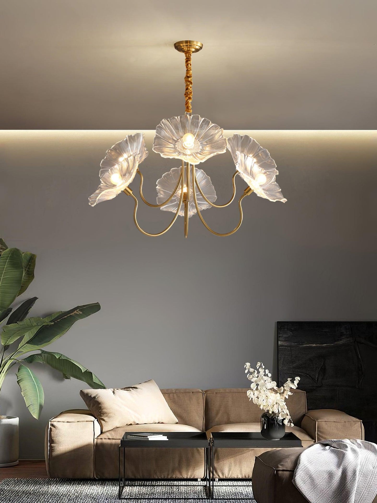 Lotus Leaf Glass Chandelier - Elegant Design with Adjustable Height