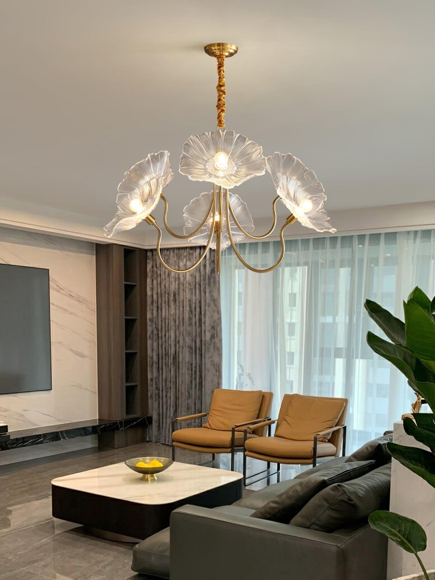 Lotus Leaf Glass Chandelier - Elegant Design with Adjustable Height