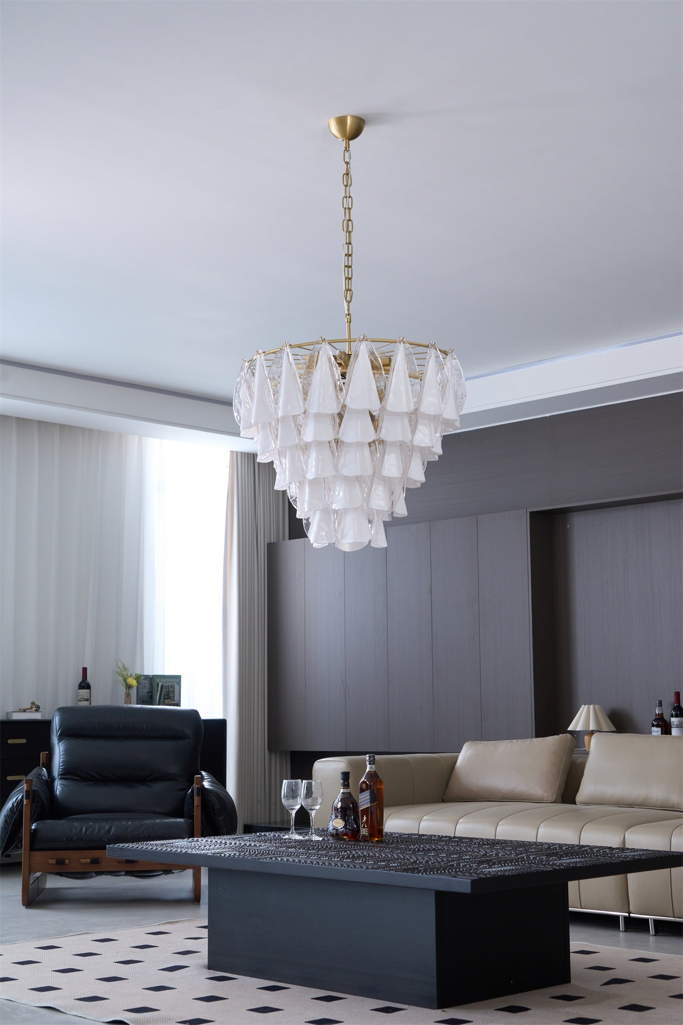 Lunara White Glass Chandelier - Elegant Design with Adjustable Height