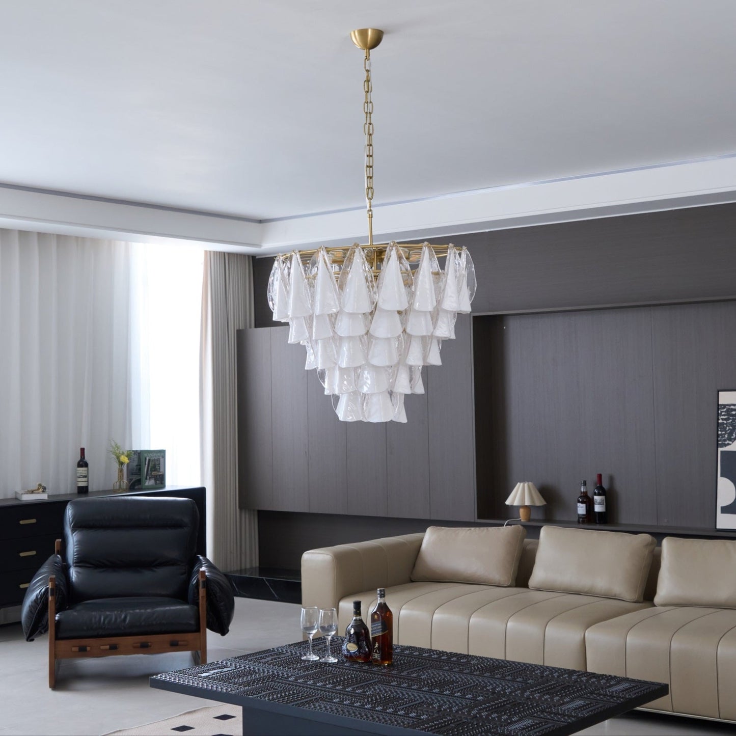 Lunara White Glass Chandelier - Elegant Design with Adjustable Height