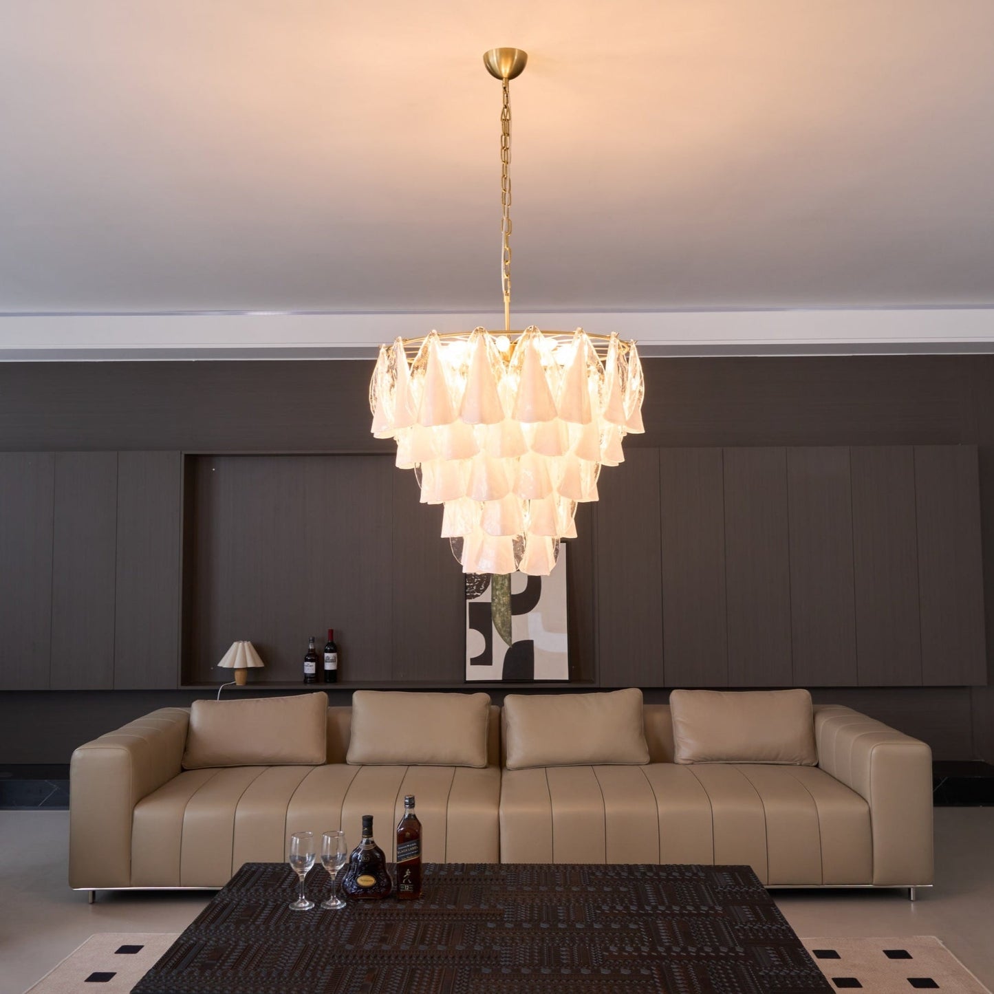 Lunara White Glass Chandelier - Elegant Design with Adjustable Height