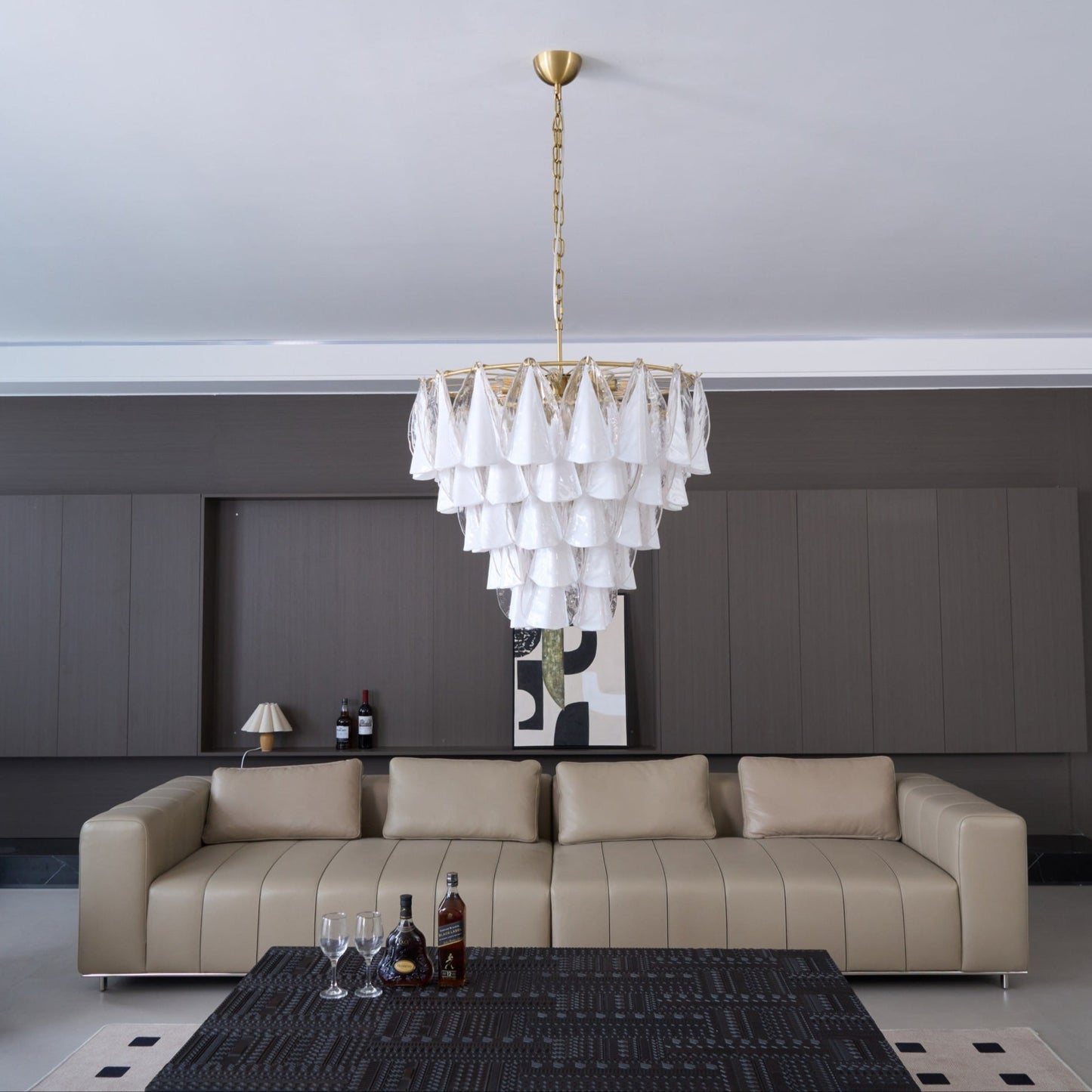 Lunara White Glass Chandelier - Elegant Design with Adjustable Height