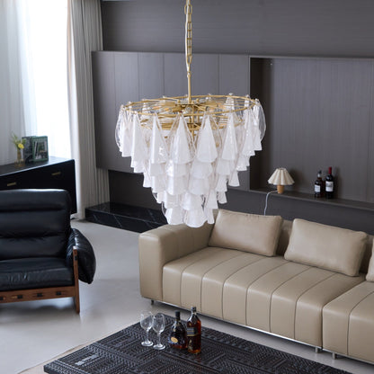 Lunara White Glass Chandelier - Elegant Design with Adjustable Height