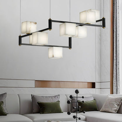 Alabaster Square Box Chandelier - Elegant Design with Adjustable Heigh