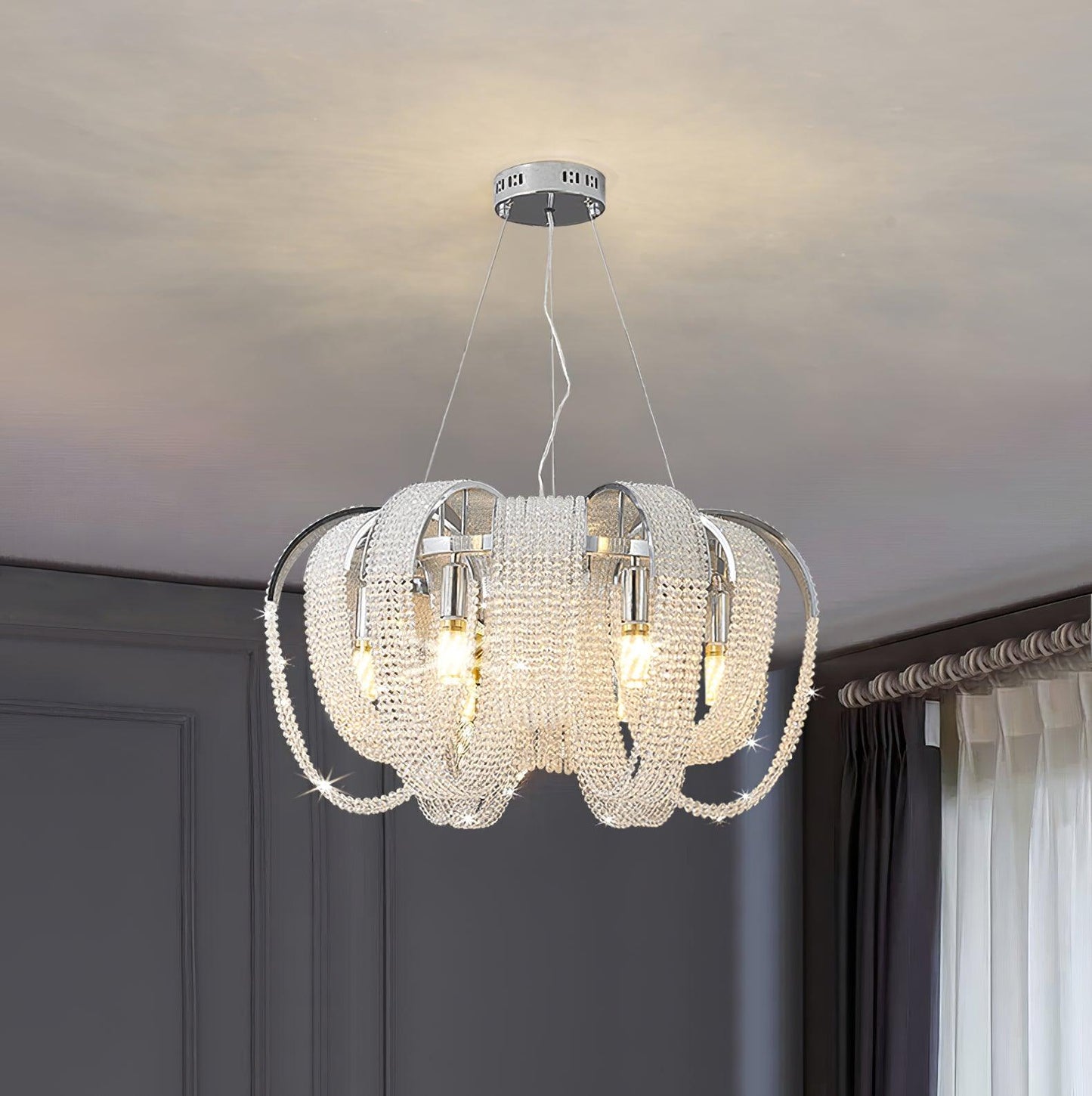 Elegant Mesh Crystal Chandelier with Adjustable Height & Energy-Effici