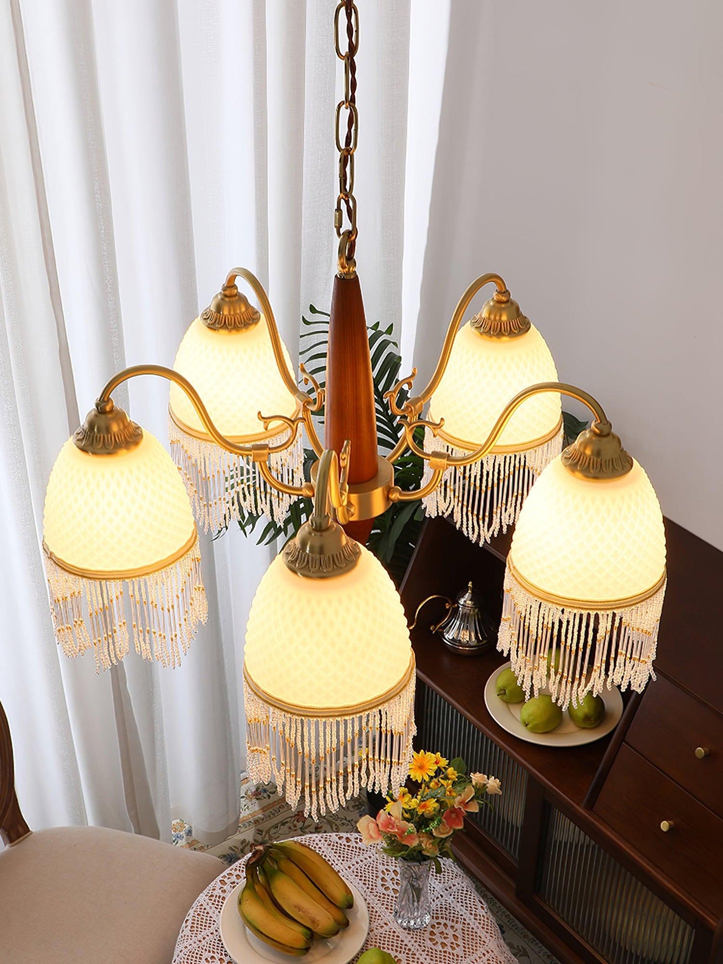 Elegant Mesh Tassel Glass Chandelier with Adjustable Height & Soft Glo
