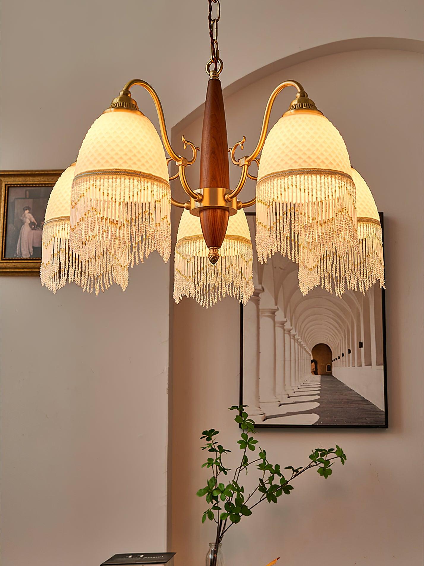 Elegant Mesh Tassel Glass Chandelier with Adjustable Height & Soft Glo