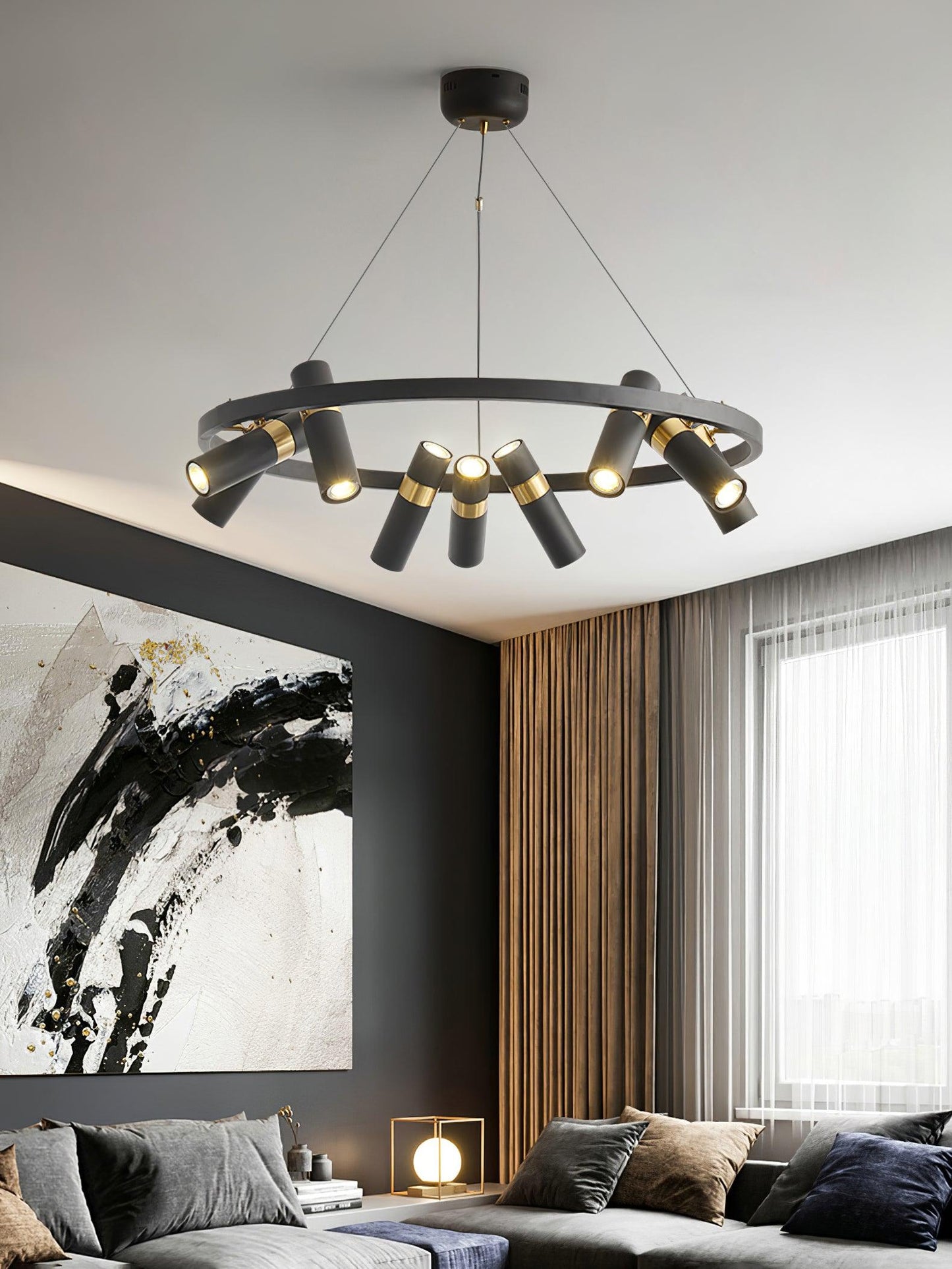 Industrial Black Multi-Pipe Chandelier with Adjustable Height & LED Co