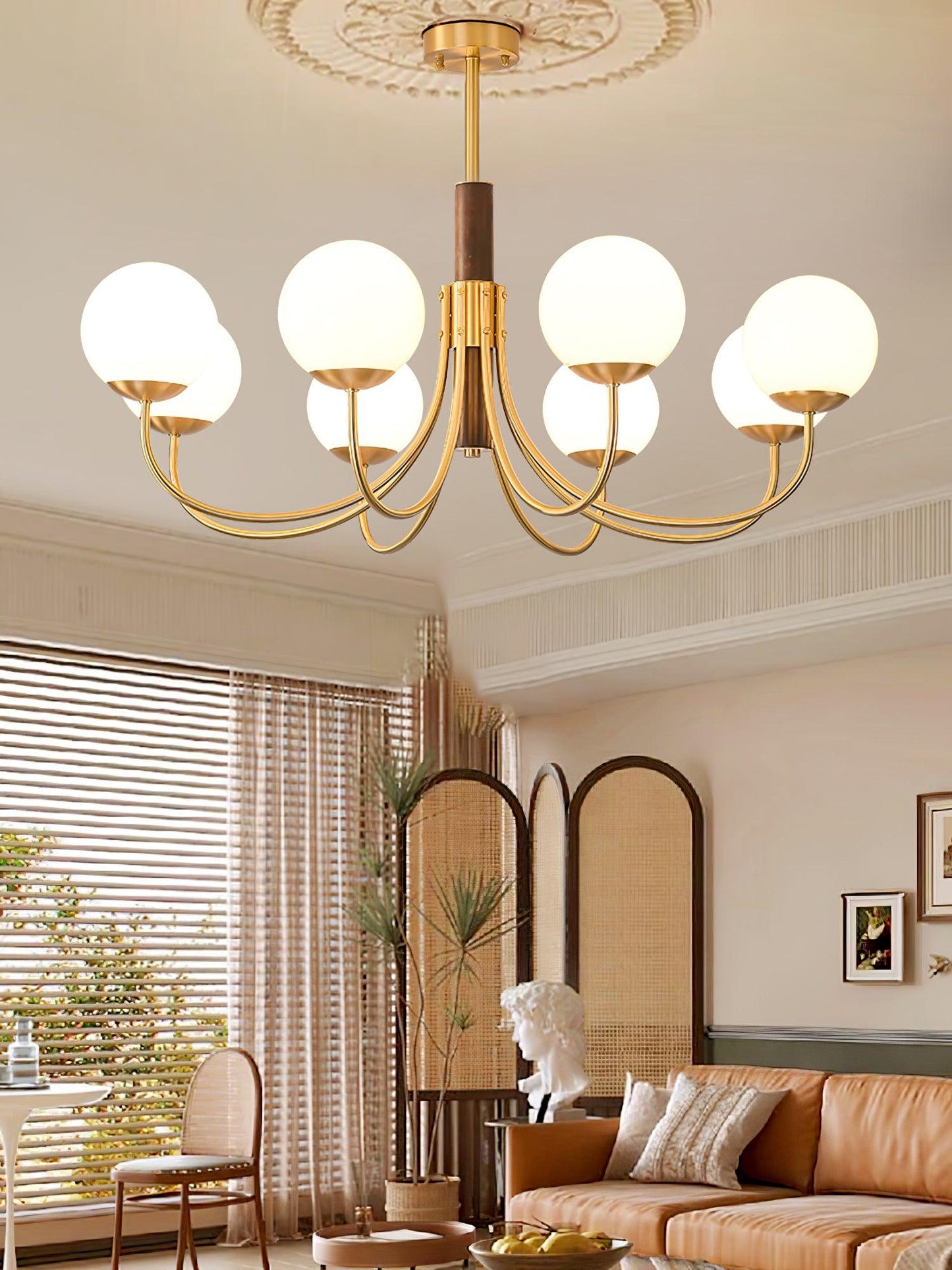 Midas Touch Walnut Sphere Chandelier - Elegant Design & Adjustable Hei