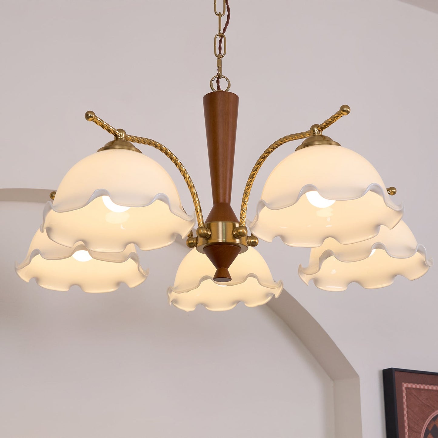 Elegant Milky Flower Chandelier - Adjustable Height, Soft Glow Lightin