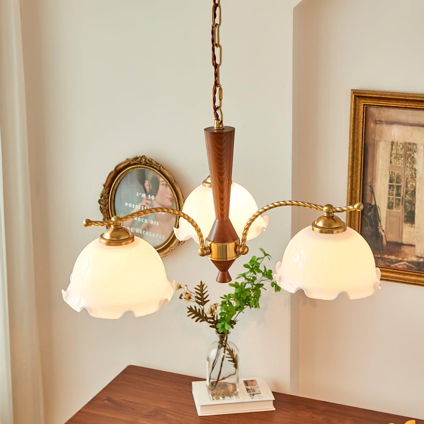 Elegant Milky Flower Chandelier - Adjustable Height, Soft Glow Lightin