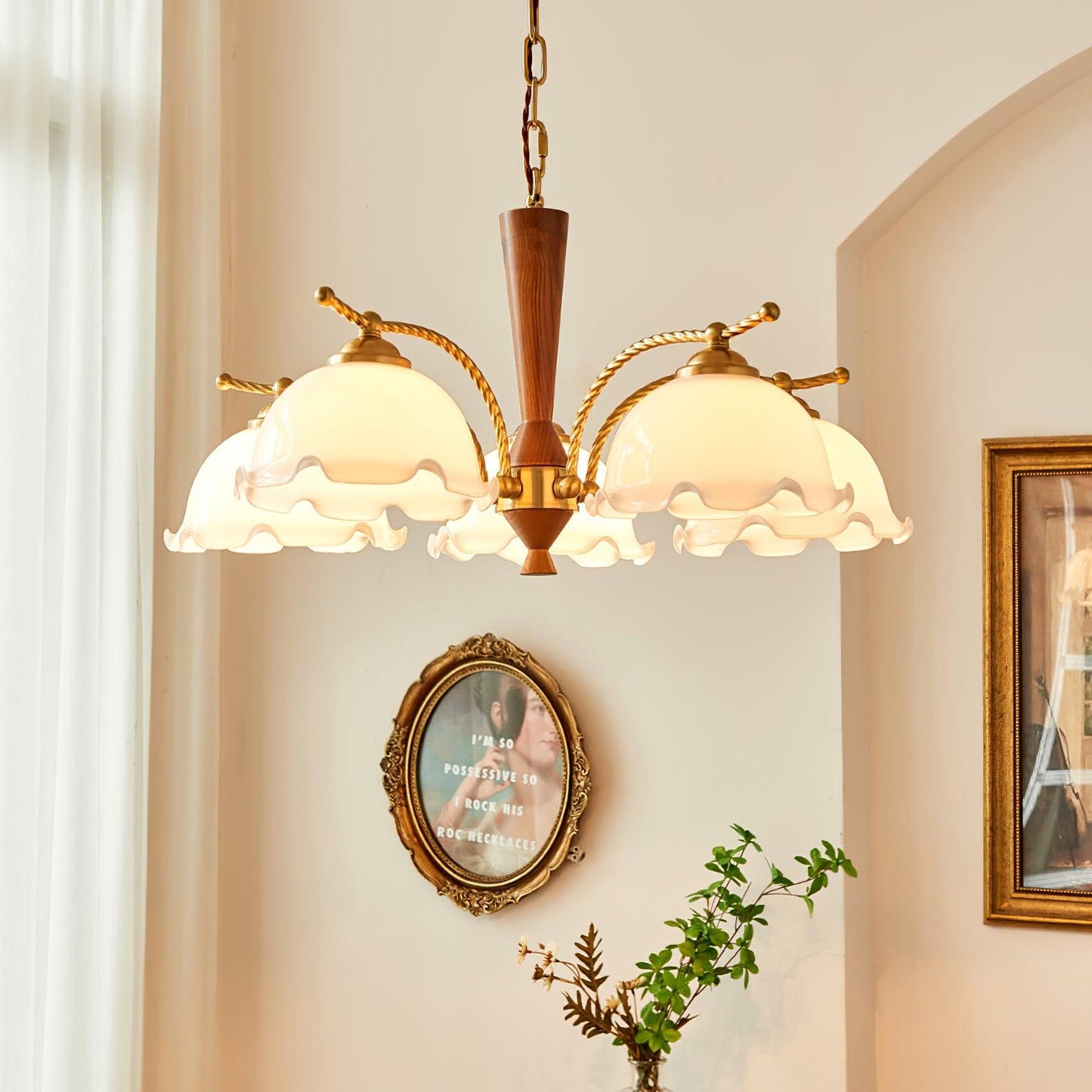 Elegant Milky Flower Chandelier - Adjustable Height, Soft Glow Lightin