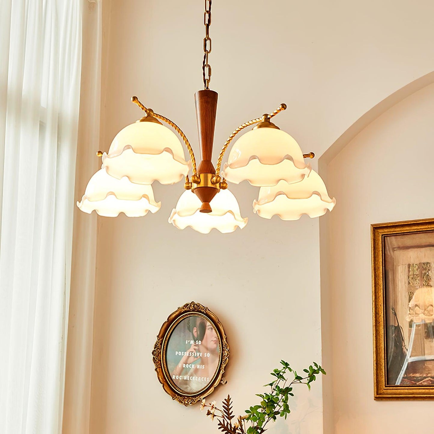 Elegant Milky Flower Chandelier - Adjustable Height, Soft Glow Lightin