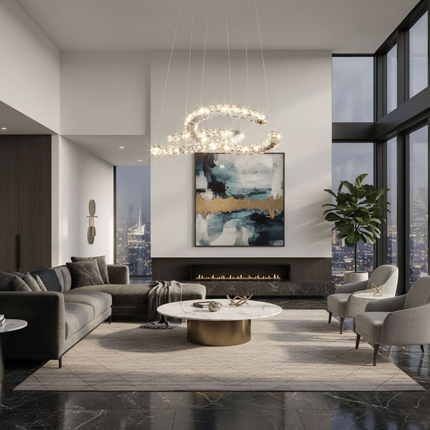 Elegant Double C Crystal Chandelier with Adjustable Height & LED Compa