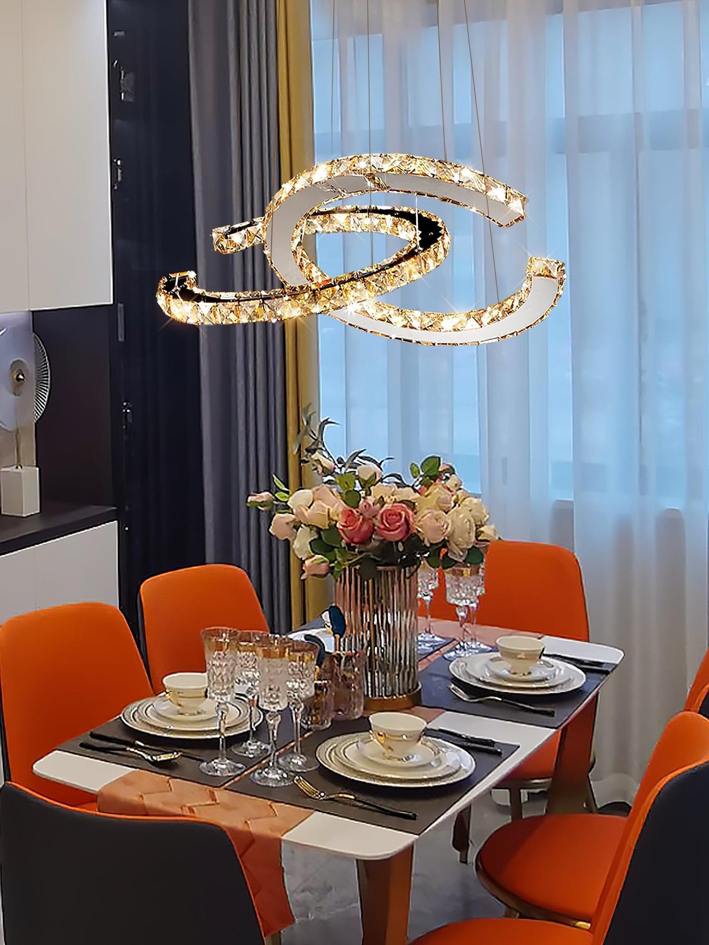 Elegant Double C Crystal Chandelier with Adjustable Height & LED Compa