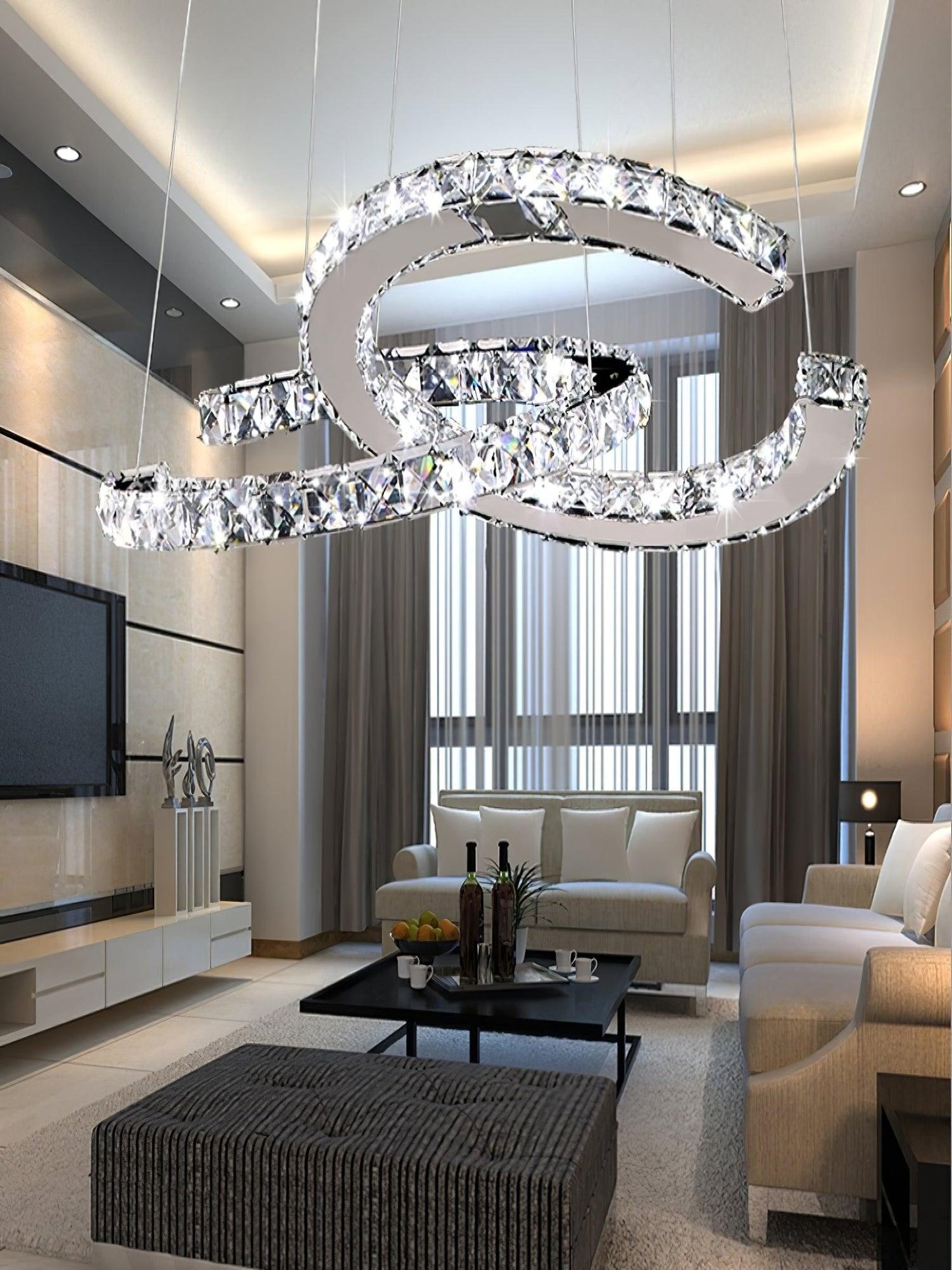 Elegant Double C Crystal Chandelier with Adjustable Height & LED Compa