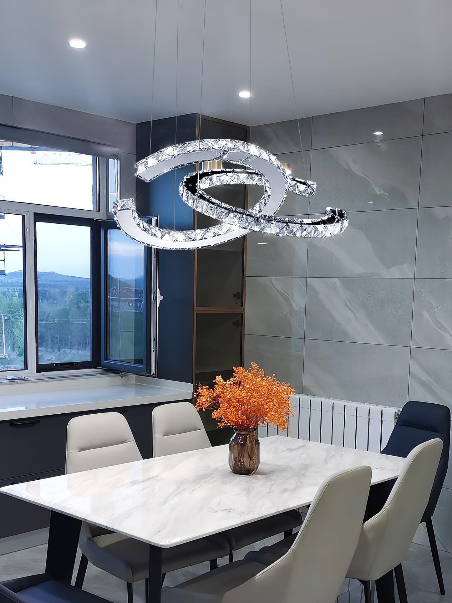 Elegant Double C Crystal Chandelier with Adjustable Height & LED Compa