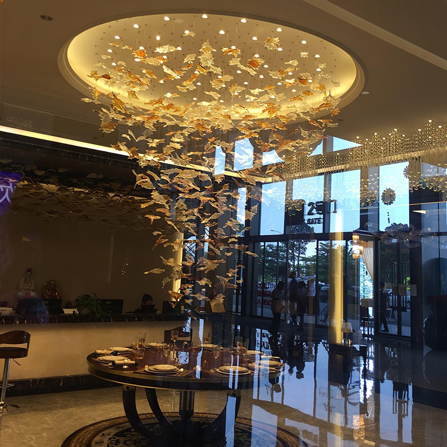 Multicolor Crystal Maple Leaf Chandelier with Adjustable Height & LED