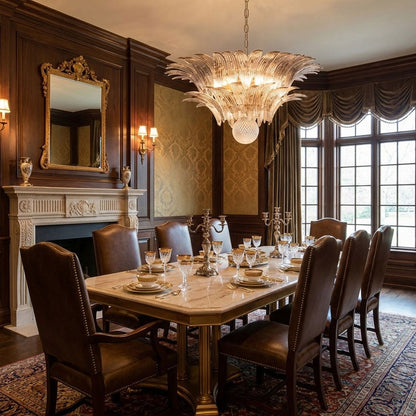Transparent Glass Palmette Chandelier with Adjustable Height & LED Com