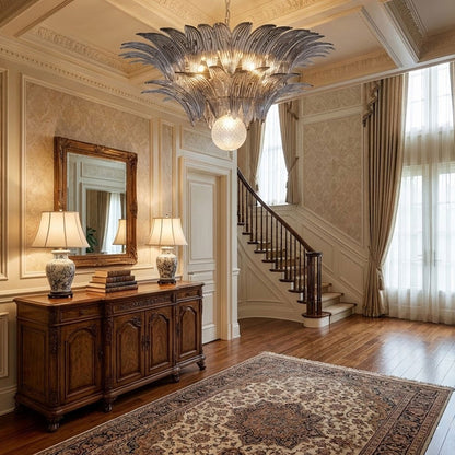 Transparent Glass Palmette Chandelier with Adjustable Height & LED Com