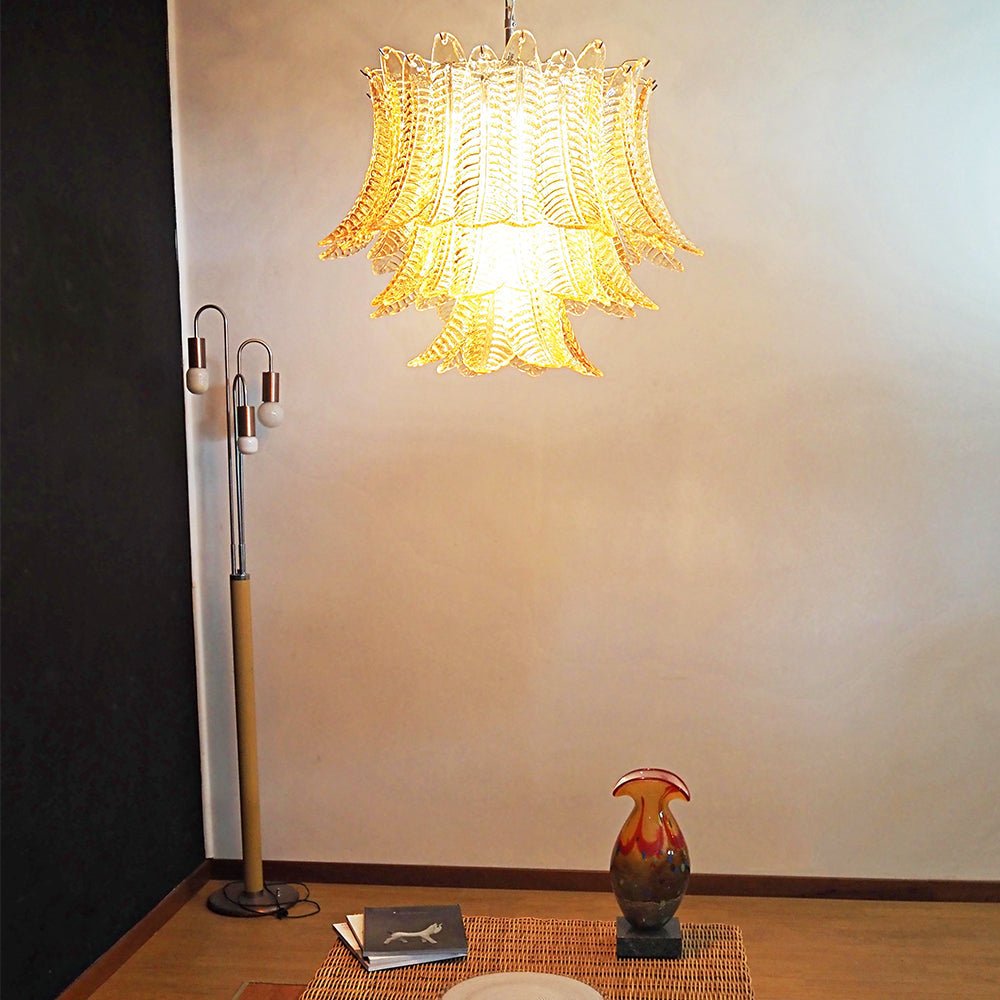 Amber Glass Leaf Chandelier - Elegant Design with Adjustable Height &