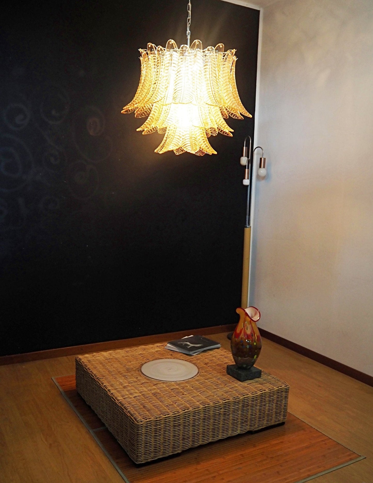 Amber Glass Leaf Chandelier - Elegant Design with Adjustable Height &