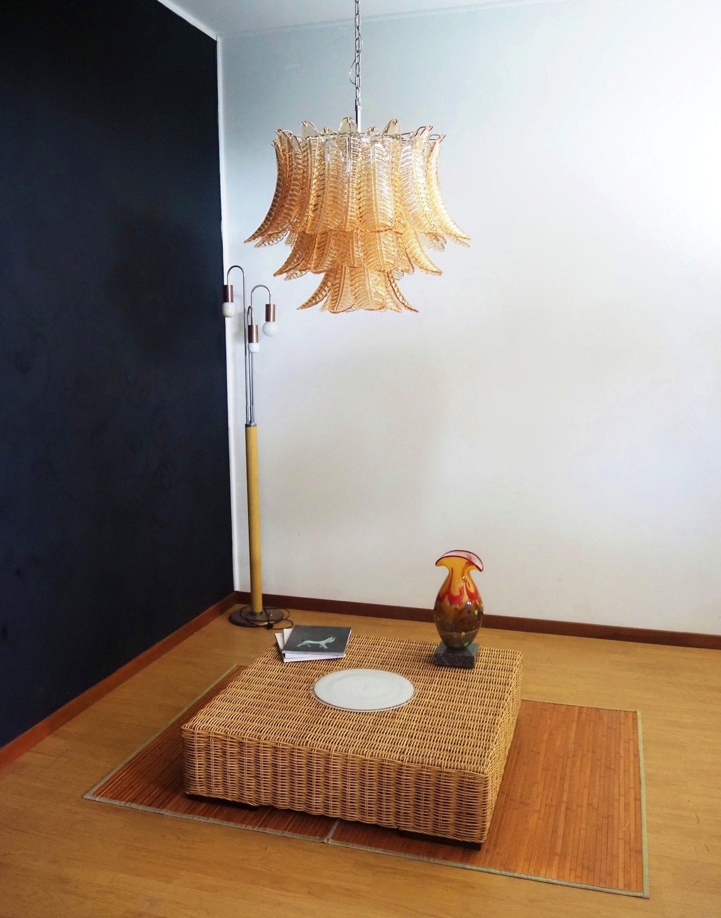 Amber Glass Leaf Chandelier - Elegant Design with Adjustable Height &