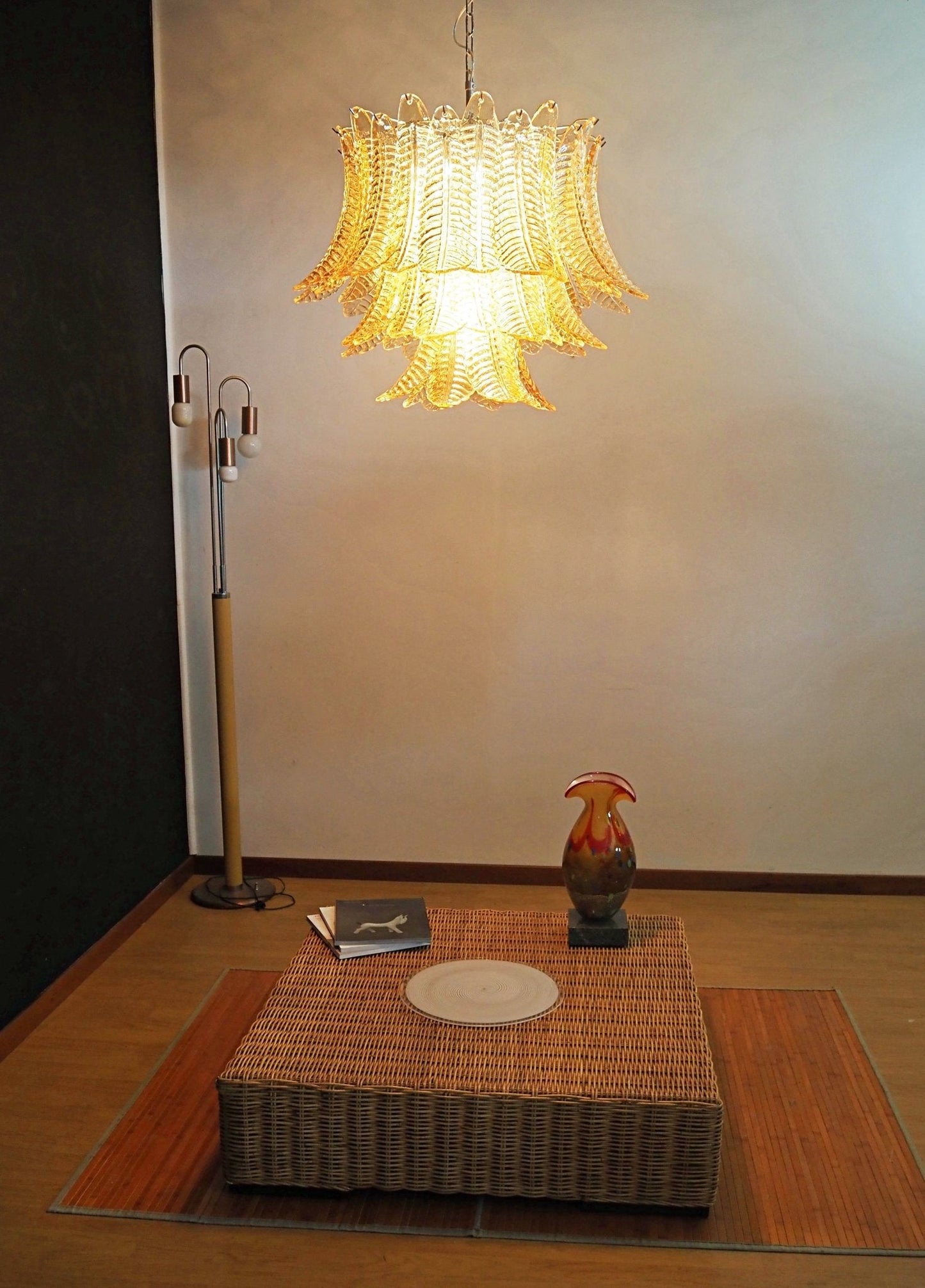 Amber Glass Leaf Chandelier - Elegant Design with Adjustable Height &