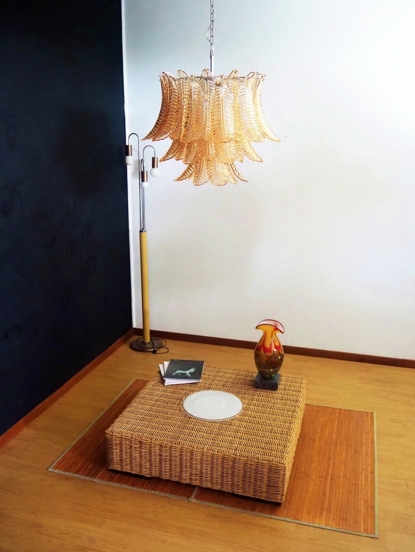 Amber Glass Leaf Chandelier - Elegant Design with Adjustable Height &
