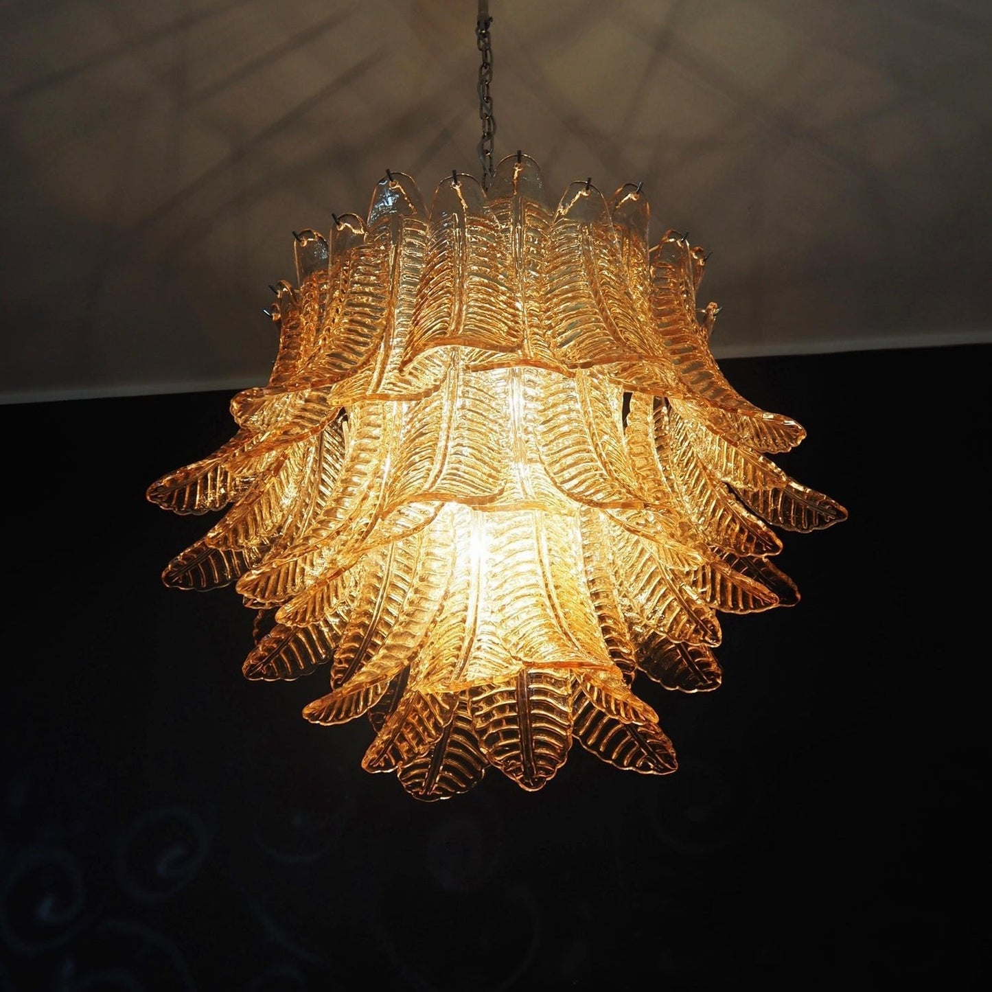 Amber Glass Leaf Chandelier - Elegant Design with Adjustable Height &