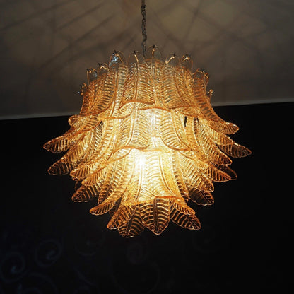 Amber Glass Leaf Chandelier - Elegant Design with Adjustable Height &