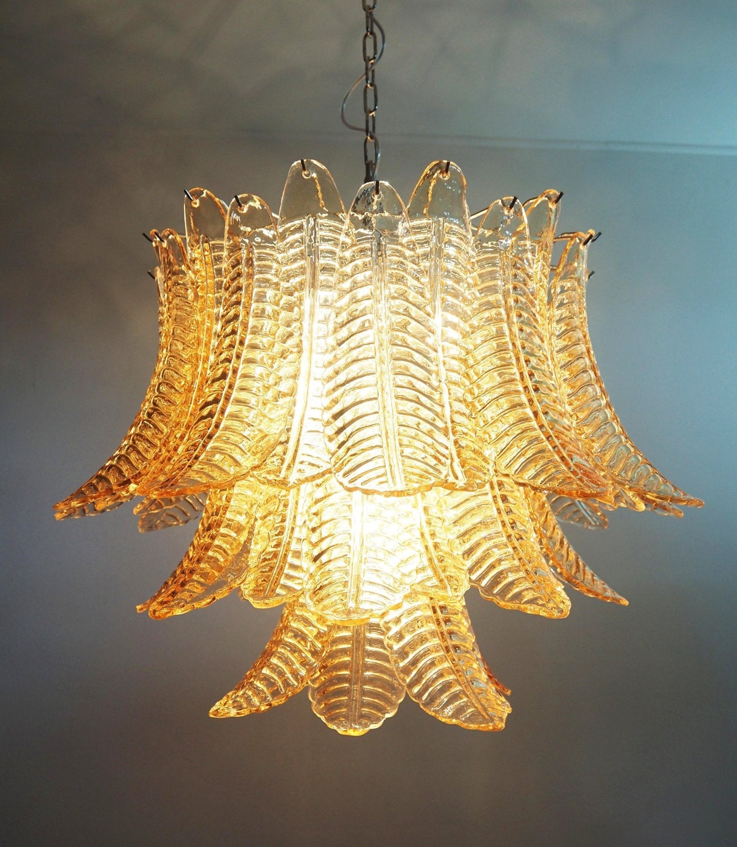 Amber Glass Leaf Chandelier - Elegant Design with Adjustable Height &