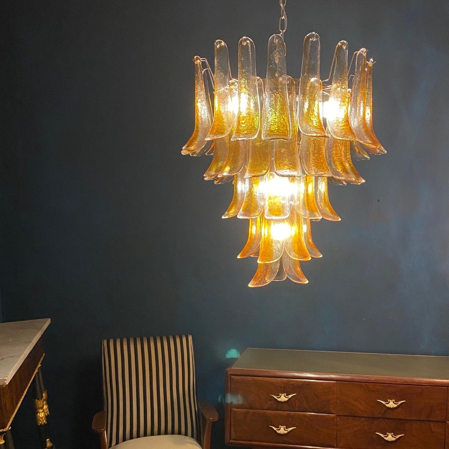 Amber Glass Petals Chandelier - Elegant Lighting with Adjustable Heigh