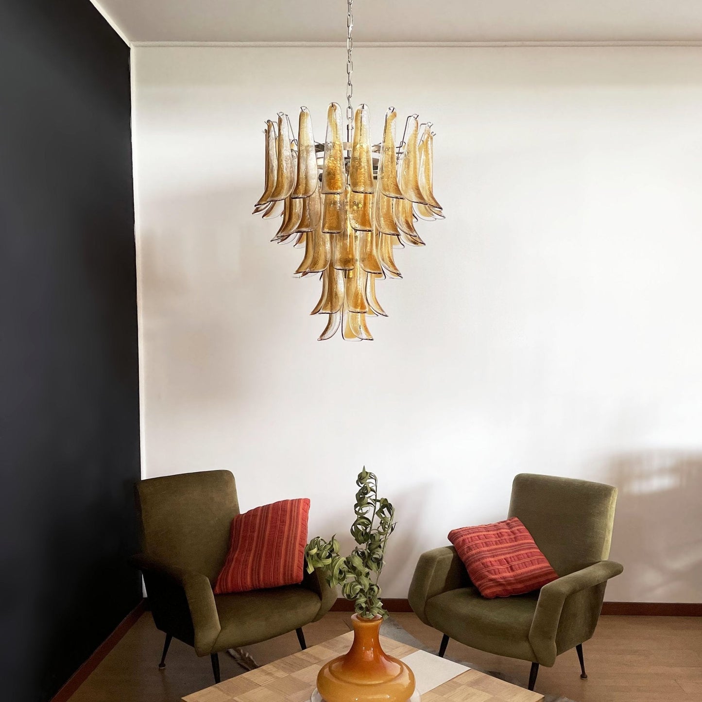 Amber Glass Petals Chandelier - Elegant Lighting with Adjustable Heigh