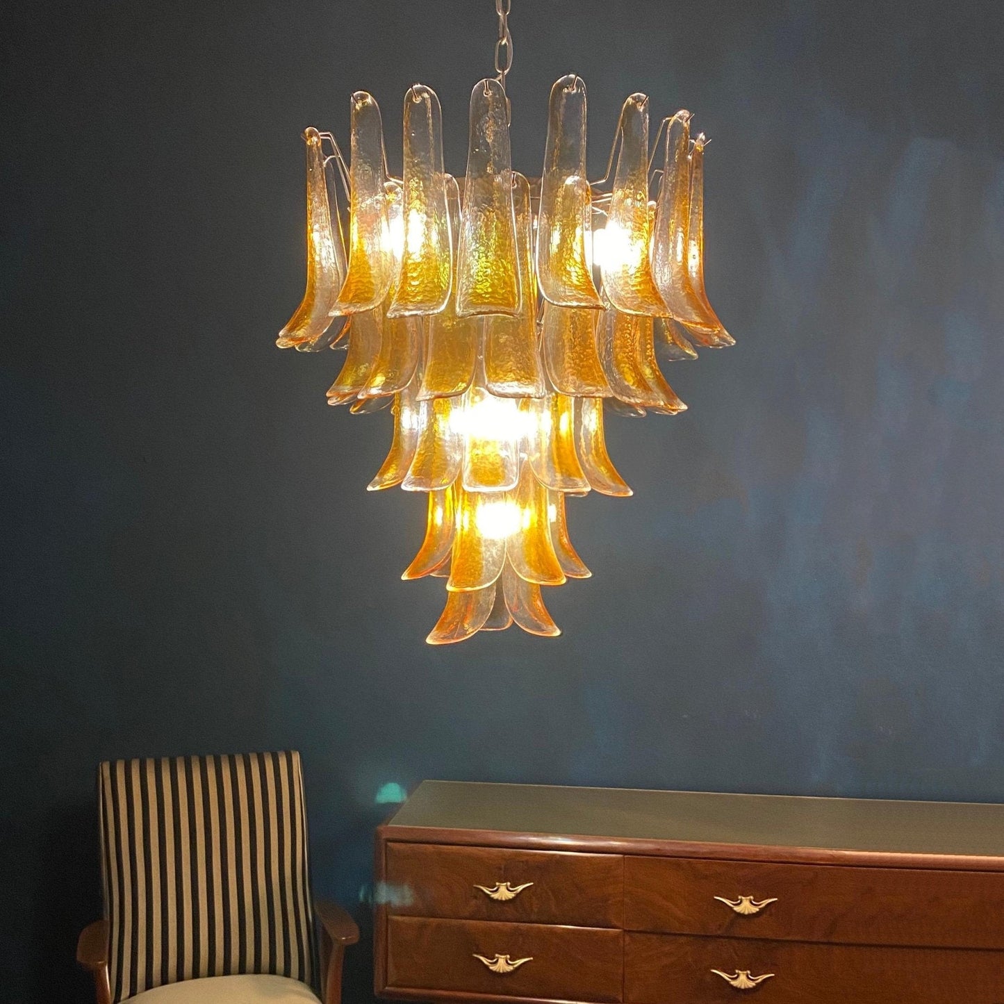 Amber Glass Petals Chandelier - Elegant Lighting with Adjustable Heigh