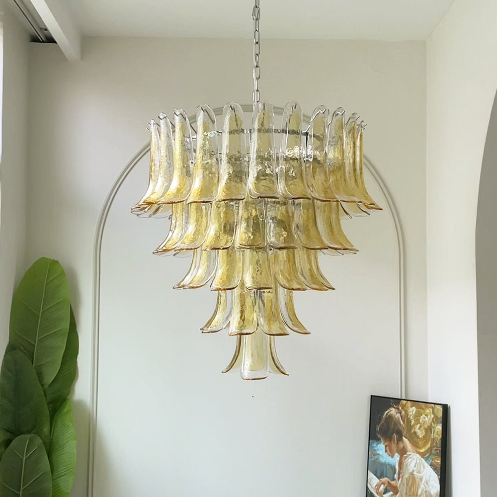 Amber Glass Petals Chandelier - Elegant Lighting with Adjustable Heigh