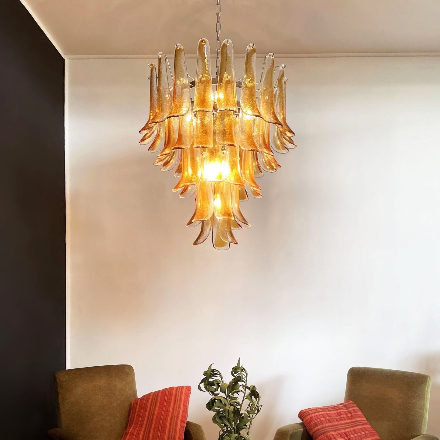 Amber Glass Petals Chandelier - Elegant Lighting with Adjustable Heigh