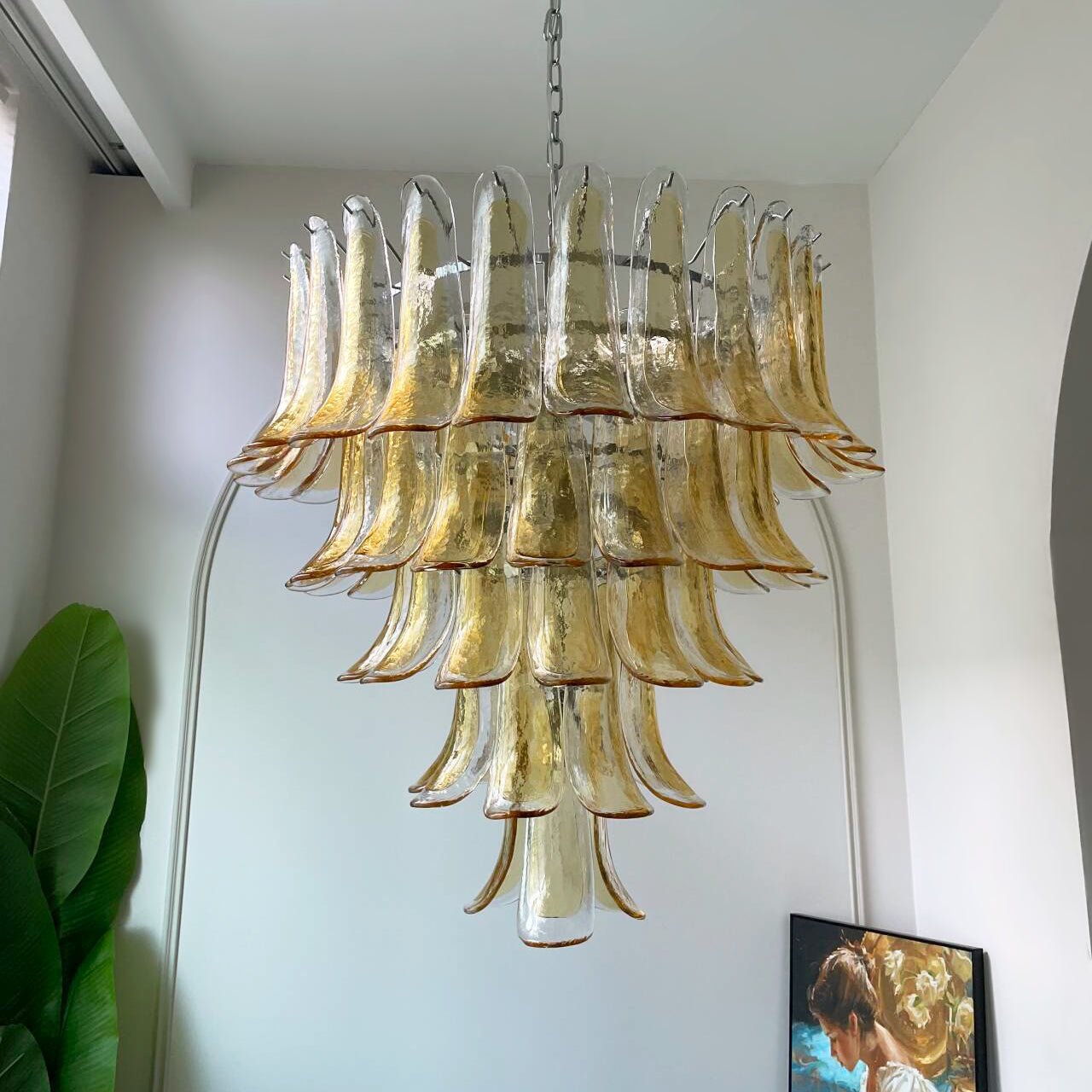 Amber Glass Petals Chandelier - Elegant Lighting with Adjustable Heigh