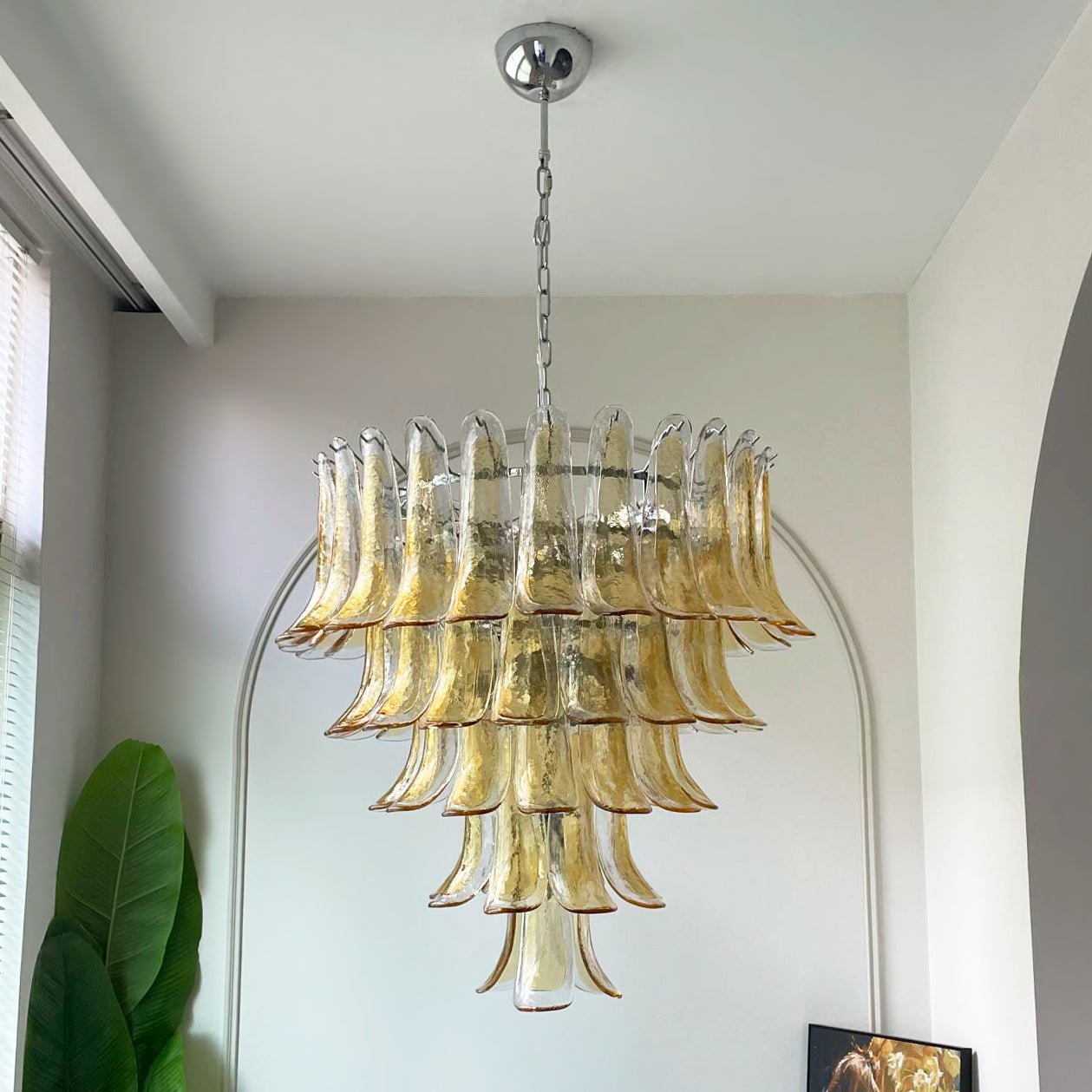 Amber Glass Petals Chandelier - Elegant Lighting with Adjustable Heigh
