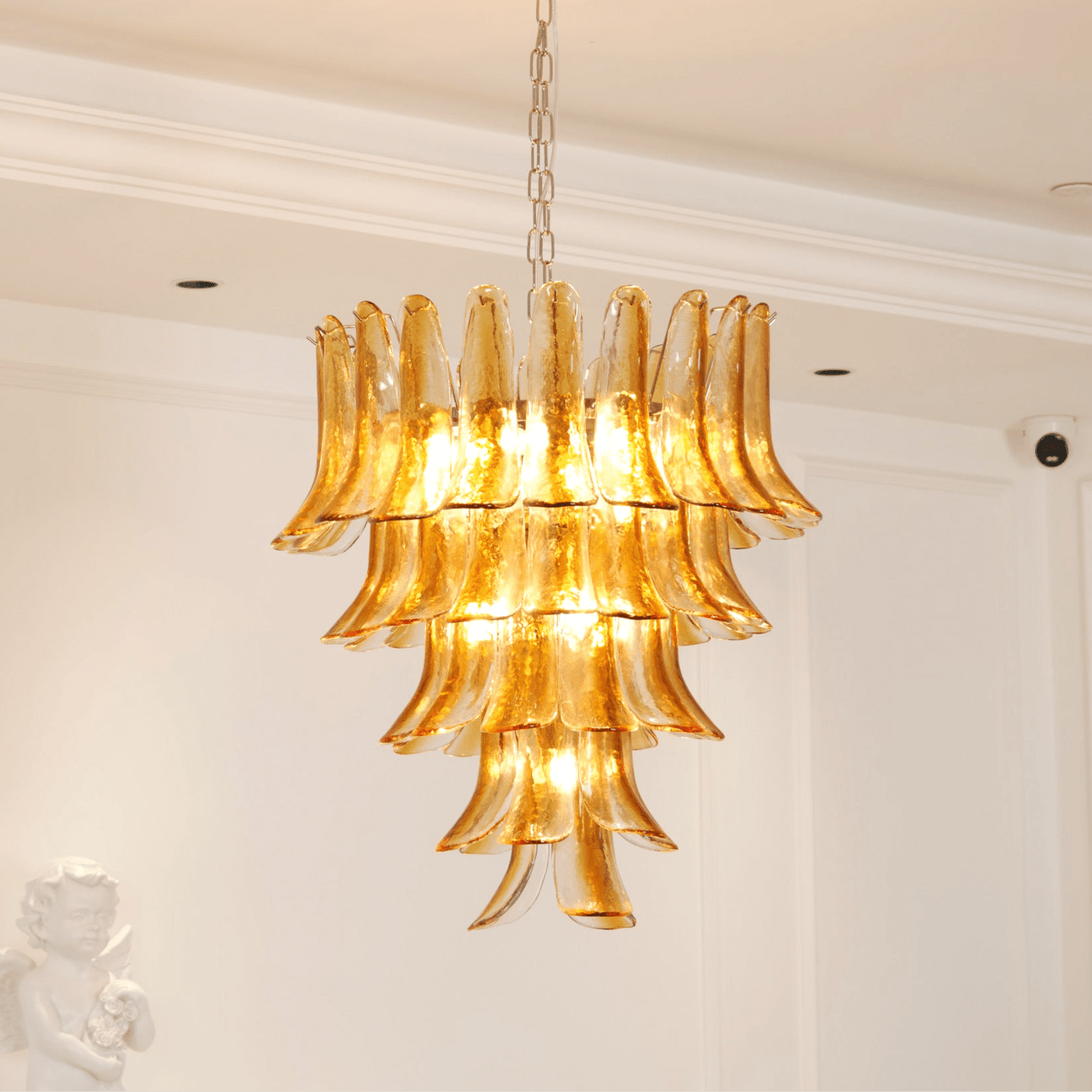 Elegant Glass Amber Lily Chandelier with Adjustable Height & LED Compa