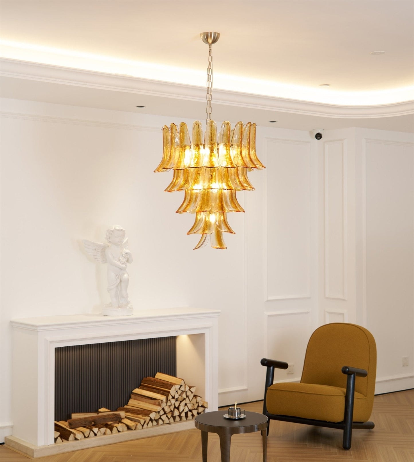 Elegant Glass Amber Lily Chandelier with Adjustable Height & LED Compa