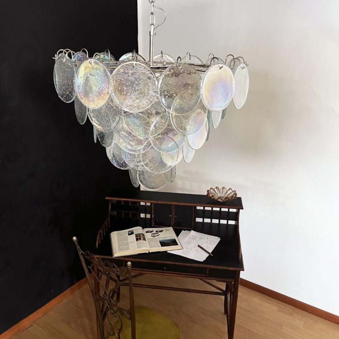 Iridescent Glass Disc Chandelier - Elegant Design & Adjustable Height