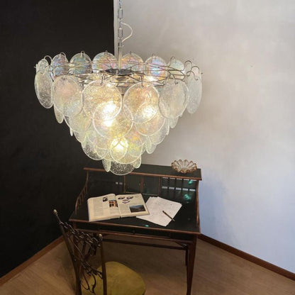 Iridescent Glass Disc Chandelier - Elegant Design & Adjustable Height