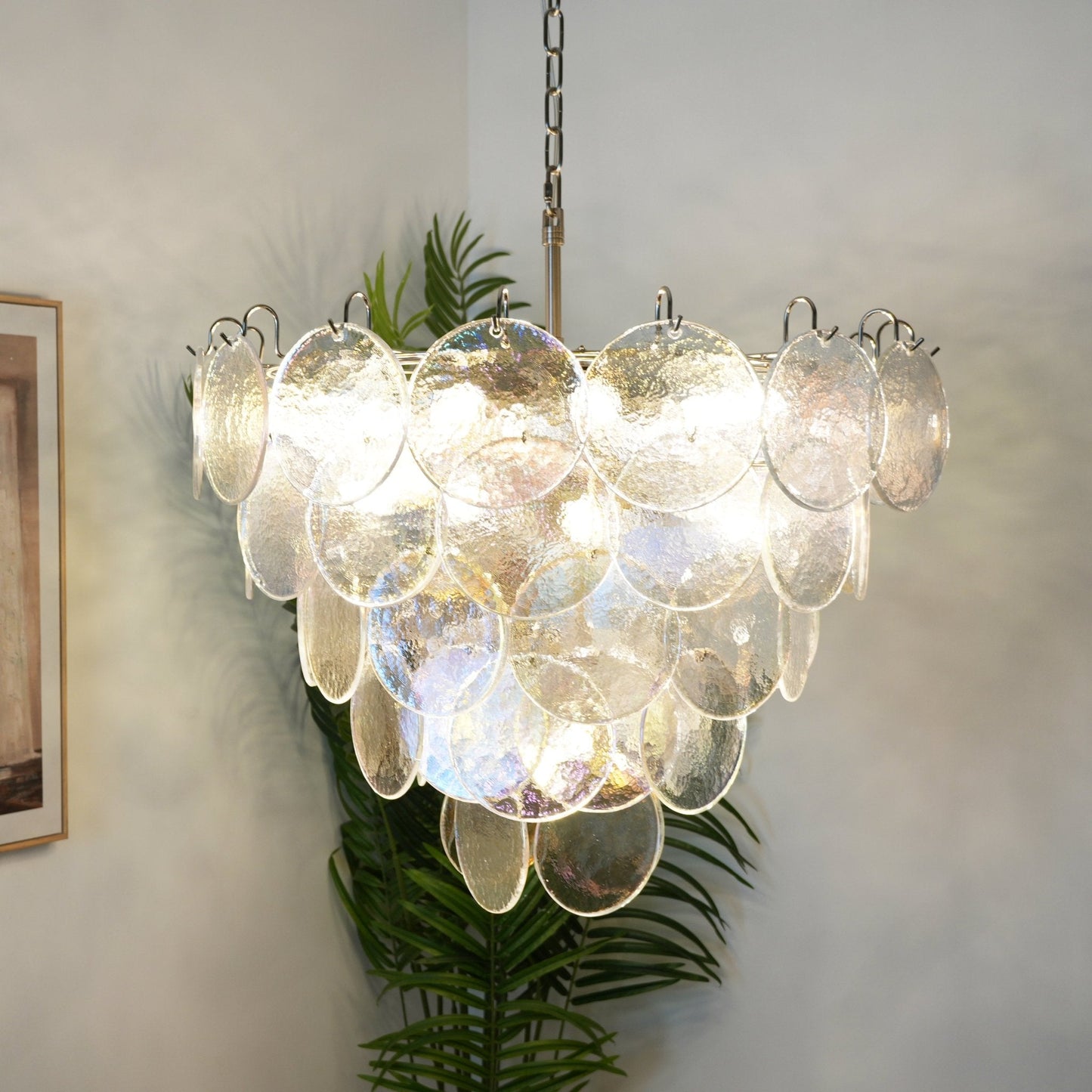 Iridescent Glass Disc Chandelier - Elegant Design & Adjustable Height