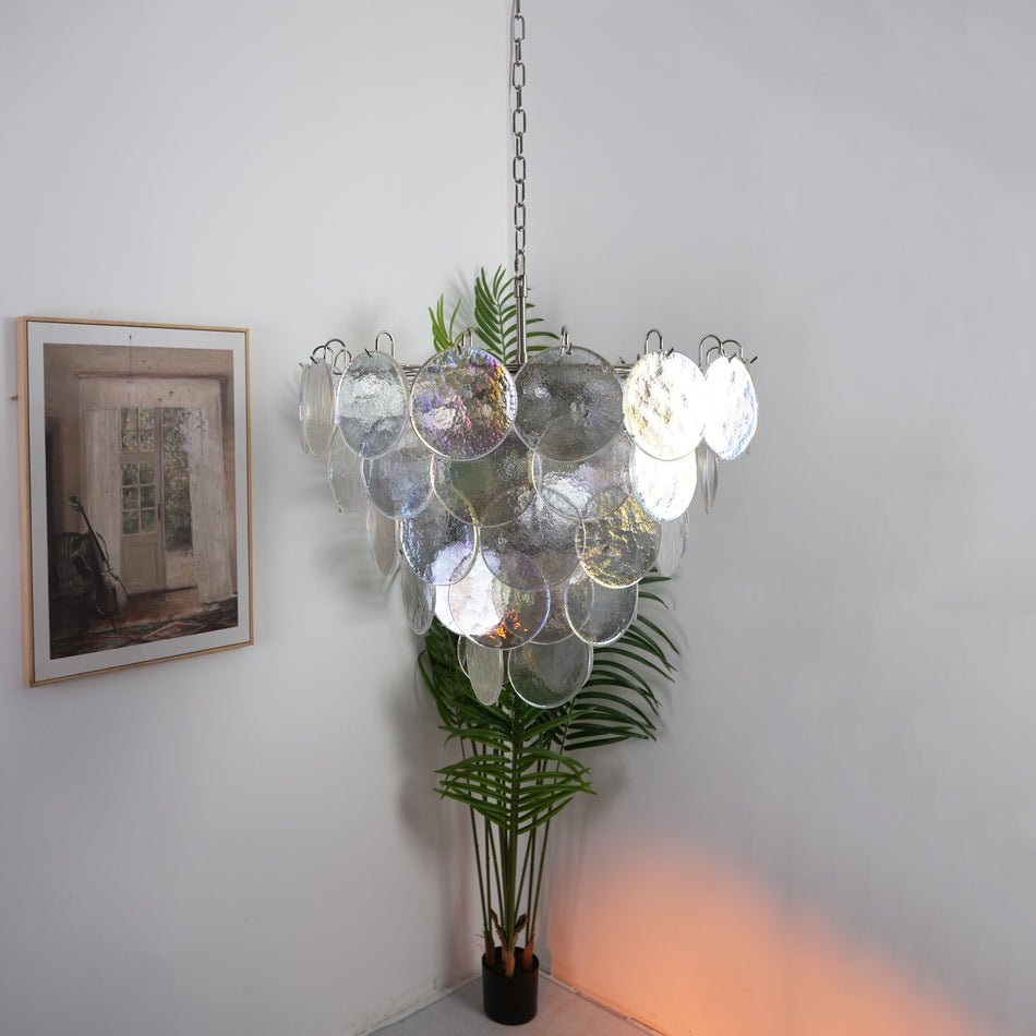 Iridescent Glass Disc Chandelier - Elegant Design & Adjustable Height