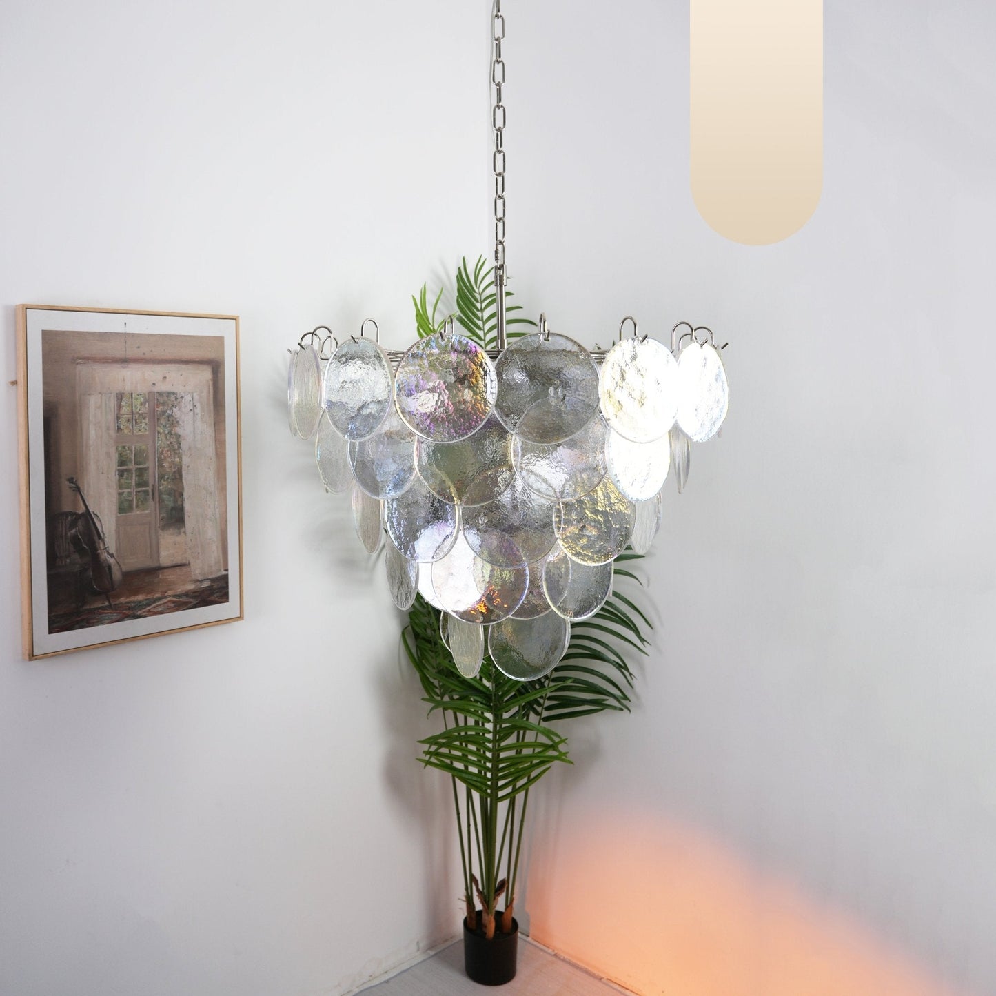 Iridescent Glass Disc Chandelier - Elegant Design & Adjustable Height