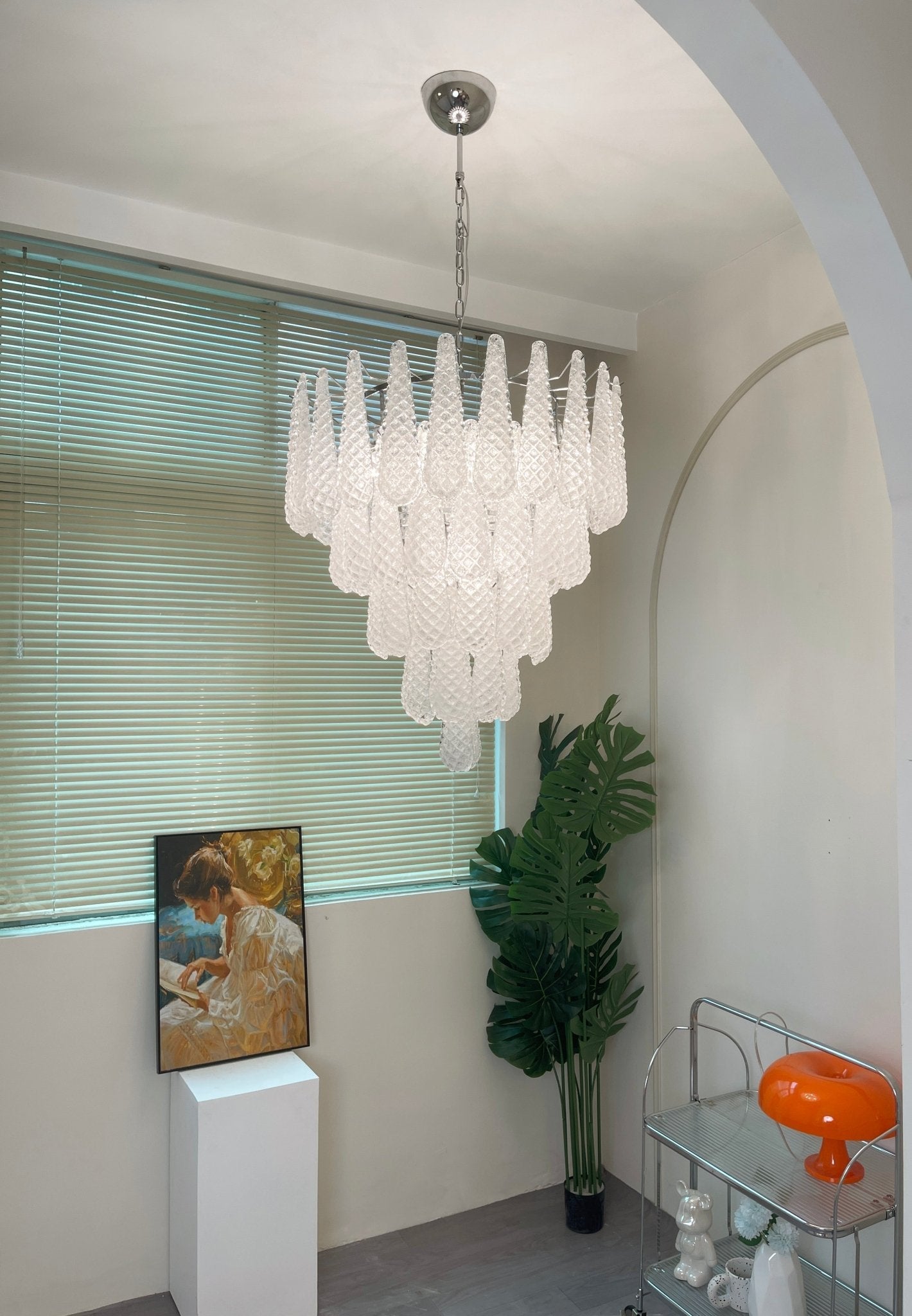 Elegant Glass Droplet Chandelier with Adjustable Height & LED Compatib