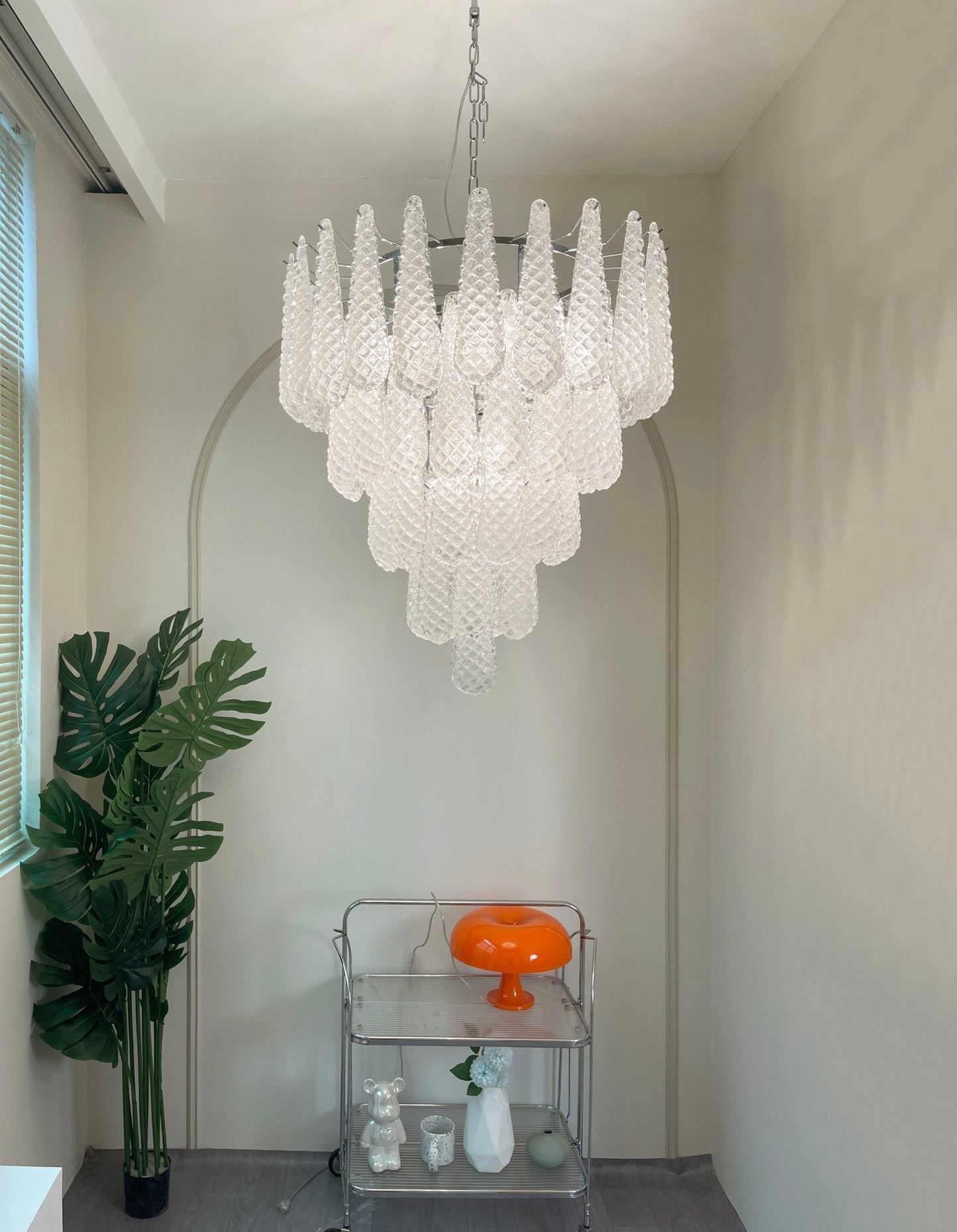 Elegant Glass Droplet Chandelier with Adjustable Height & LED Compatib